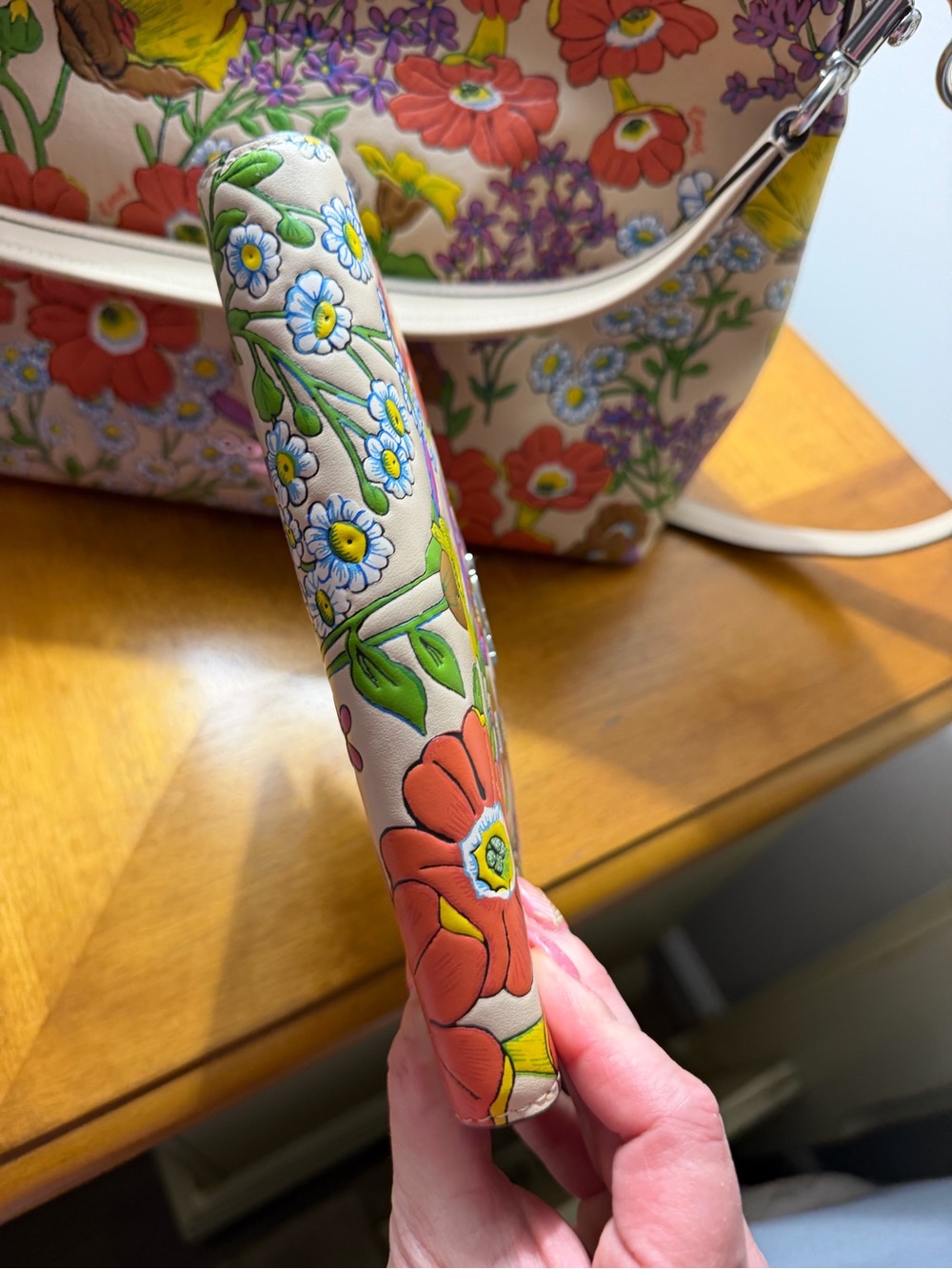 Coach Cream Floral Leather Tote and Matching Wallet with Multicolor Blooms - Picture 14 of 14